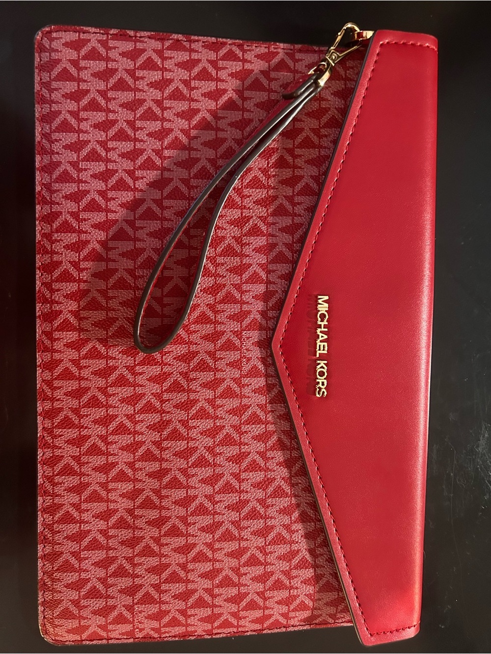 Red Signature Envelope Wristlet Clutch with Gold Logo